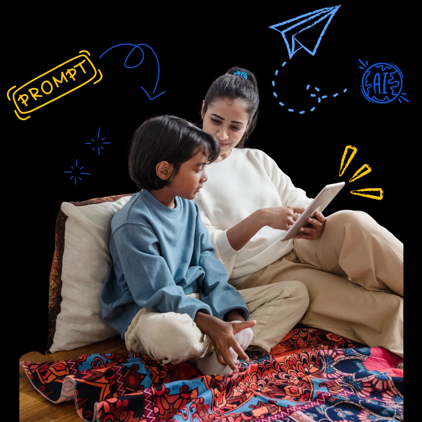 A mother and child using a tablet together at home