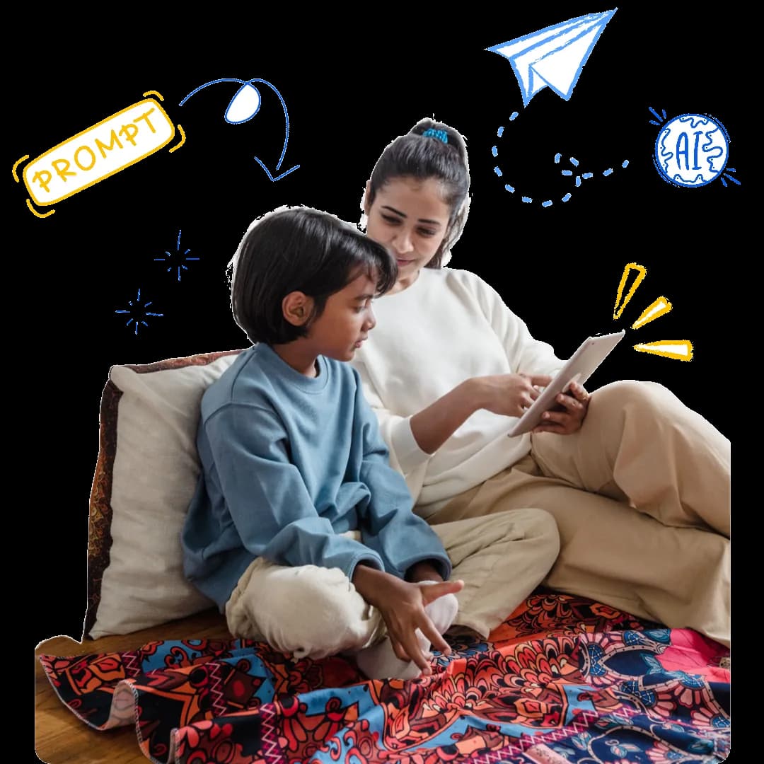 A mother and child using a tablet together at home